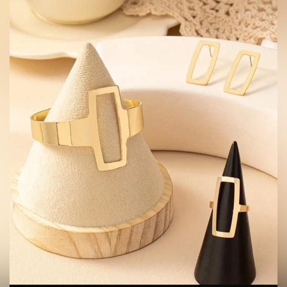 Elegant Adjustable Geometric Hollow Square Bangle, Earrings & Ring Set-4pc set - Picture 2 of 4